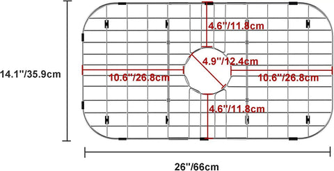 Diagram of Stainless Steel Kitchen Sink Grid Protector For Bottom Of Sink 26 Inches Long By 14 Inches Wide With 4.9 Inch Center Drain Hole