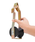 Hand holding Universal Five Pack Cable Rollers 3 Inch Diameter Outdoor Aerial Lineman Tool with steel frame, plastic roller.