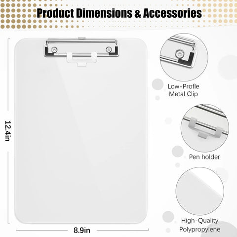 Image of white plastic clipboard with pen holder and low profile clip, 12.5 by 9 inch writing surface, A4 and letter size, for nurses, students, office.