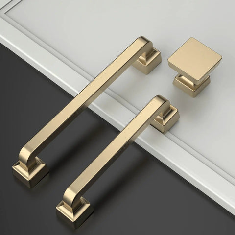 Ten Pack Brushed Gold Cabinet Knobs 1.2 Inch 30mm Solid Zinc Alloy Kitchen Dresser Drawer Pulls For Bathroom Cabinets With Durable Finish And Easy Install Perfect For Cabinets And Drawers, brushed gold square knob and bar handles on cabinet