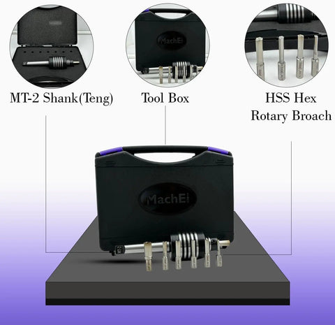 Pro Grade High Precision Live Revolving Center with MT-2 Shank Teng Style, tool box and HSS rotary broach showcase