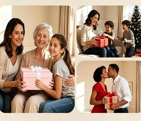 Family celebrating with gifts, featuring a woman, girl, and grandmother with a pink box, and couples exchanging presents.