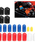 20 Piece PVC Vacuum Cap And Plug Kit with 1/8, 3/16, 1/4, 3/8, 5/16 inch end caps shown in various colors with vehicle engine