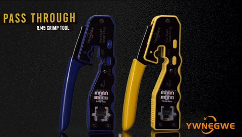 RJ45 Pass Through Ethernet Crimp Tool Kit All In One Pro Grade Set shown with two crimp tools, blue and yellow handles