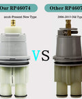 Comparison of RP46074 shower valve cartridge types, new and old, for 13 and 14 series single handle repair kit compatibility.