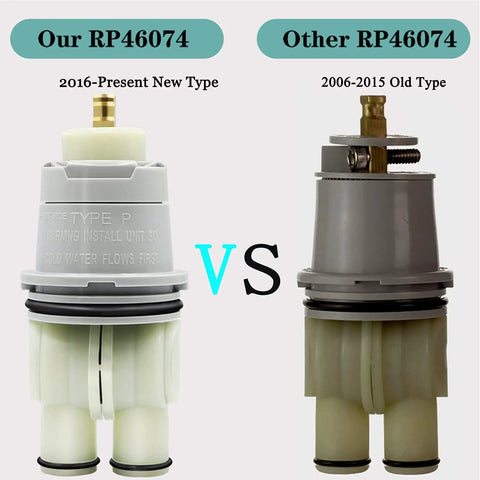 Comparison of RP46074 shower valve cartridge types, new and old, for 13 and 14 series single handle repair kit compatibility.