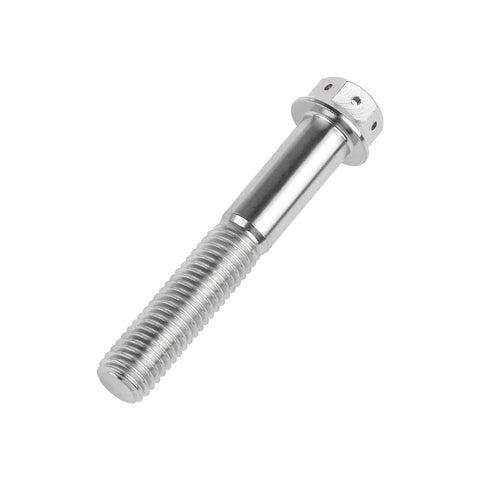 Titanium flange hex head bolt, angled side view, silver, M10 x 60mm, 1.25mm pitch