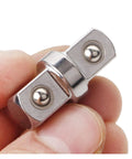 Close-up of DHAEY SeroNi 3/8-inch socket sleeve adapter with double square drive ends, chrome metal