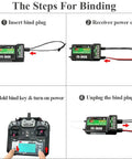 Steps for binding FS-iA6B receiver with 10 Channel 2.4GHz RC Transmitter With FS-iA6B Receiver For Drones Multirotors Planes Helicopters Cars Tanks Boats And More i6X Compatible Controller, showing insertion, power on, key hold, unplug steps.