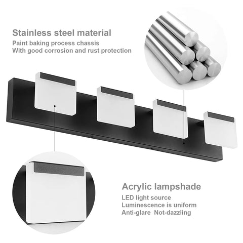 Four Light Matte Black Vanity Lights Over Mirror LED Modern Bathroom Fixture With Acrylic Diffusers Durable Black Metal Frame Sleek