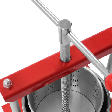 1.6 Gallon No Sweat Manual Press For Fruit Wine And Cheese Real Deal Food Grade Stainless Steel Body with cranks and inside view.
