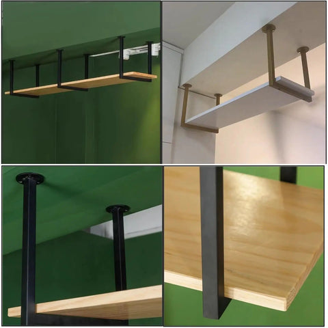 Heavy Duty Floating Shelf Brackets Single Layer Wall Mount Supports 11.8 Inch Steel L Brackets displayed with shelves in various angles.