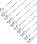 Slim Cat6 Ethernet Patch Cables 3 Ft, 10-Pack, 250 MHz, Snagless Boot, 30 AWG Bare Copper shown in white with gold plated contacts.