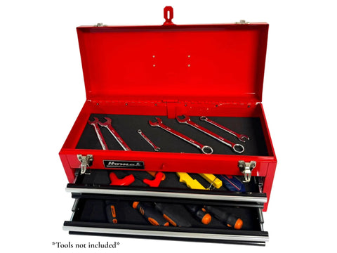Rugged Two Drawer Toolbox Chest with Ball Bearing Slides, EVA Foam Mats, Locking Double Latch System, 20 Inch Red Portable Organizer for Tools