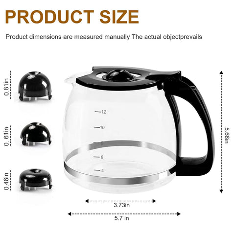 Universal 12 Cup Glass Carafe Replacement Pot For Most 12 Cup Drip Coffee Makers with three snap caps, size details