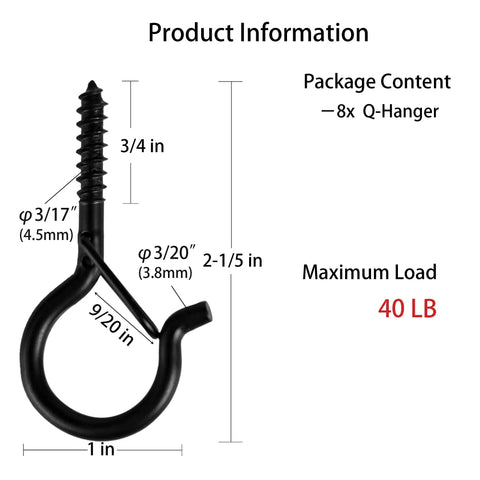 Diagram showing dimensions of Sturdy Screw Hooks For Outdoor String Lights And Plant Or Wind Chime Hangers With Windproof Safety Buckle Rustproof Steel Build 2.2 Inch Long 8 Pack For Easy Install And Weather Ready