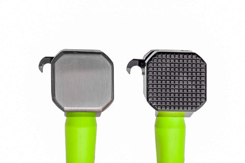 Field Ready Lineman Hammer With Milled Striking Face Balanced Design For Precise Swings On Poles And Hardware And Durable High Strength Construction Built To Stand Up To Rugged Field Work, showing a milled and smooth face with green handle.