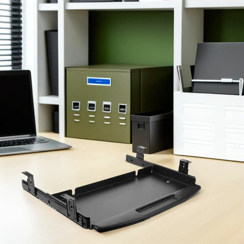 Slick Under Desk Keyboard Tray Featuring Smooth Glide Retractable Slides For A Dead Simple Space Saving Home Office Setup And Clutter Free Workstation Built Tough For Daily Use, black steel construction.