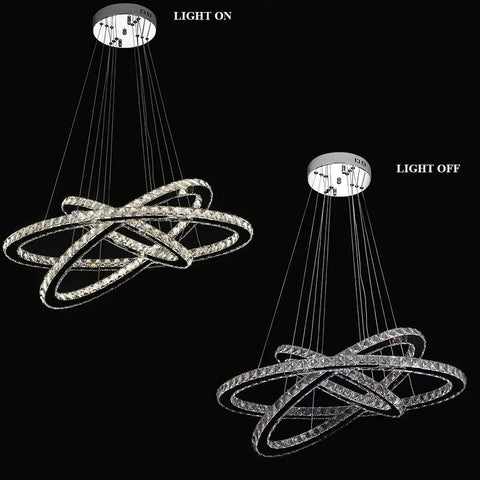 Lit Three Ring LED Crystal Chandelier With Stainless Steel Frame, light on and off, modern pendant lighting in black background.