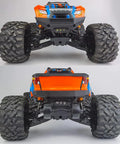 Front and rear view of 1/10 RC car equipped with adjustable shock towers heightener for extra clearance and stability.