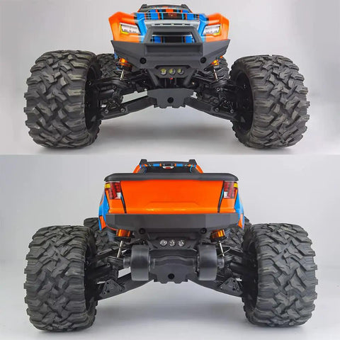 Front and rear view of 1/10 RC car equipped with adjustable shock towers heightener for extra clearance and stability.