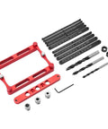 Heavy Duty Center Finder Gauge With Interchangeable Stainless Rods, red and black tool kit with drill bits and measuring rods.