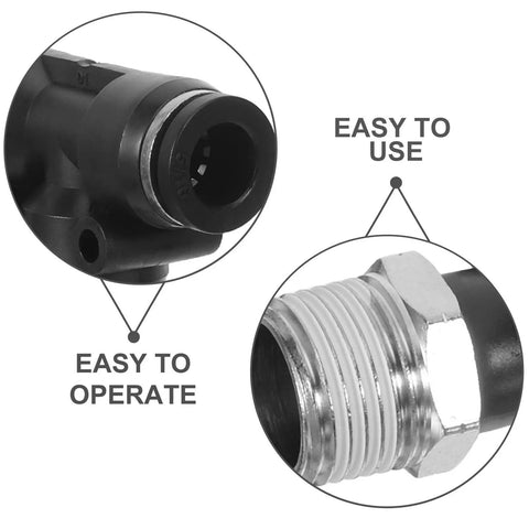 Solid TEHAUX Pneumatic Push To Connect Air Hose Fitting Kit With 3/8 Inch Npt Male Thread And 8mm Tube, Straight Elbow Tee Connector Nickel Plated Copper For Lab Or Machine Setups That Are Total Game Changers. close-up black push-to-connect fitting and threaded metal air hose connector