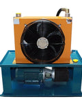 Professional Grade Hydraulic Power Unit With Advanced Oil Cooler And High Torque Pump Motor For Heavy Duty Workshops RJ405 front view with fan and motor.