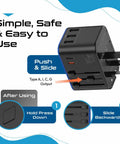 Universal Travel Adapter With PD And QC 3.0 45W Dual USB C shown with plug adjustment instructions