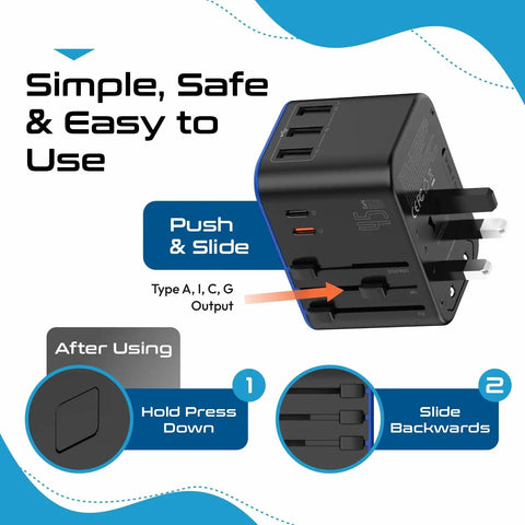 Universal Travel Adapter With PD And QC 3.0 45W Dual USB C shown with plug adjustment instructions