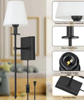 Two Pack Slim Wall Sconces With White Fabric Shades Plug In Or Hardwired Indoor Wall Lights Matte Black Bedside Lanterns with details