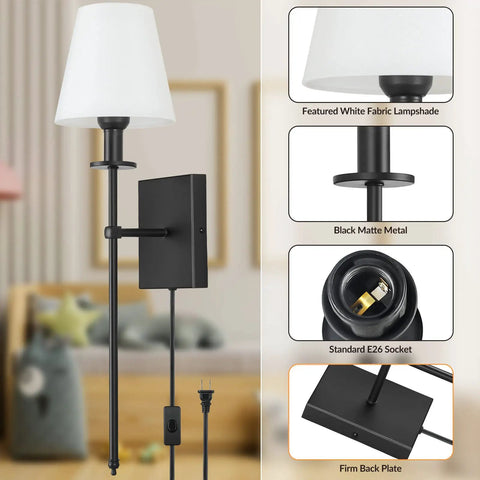 Two Pack Slim Wall Sconces With White Fabric Shades Plug In Or Hardwired Indoor Wall Lights Matte Black Bedside Lanterns with details