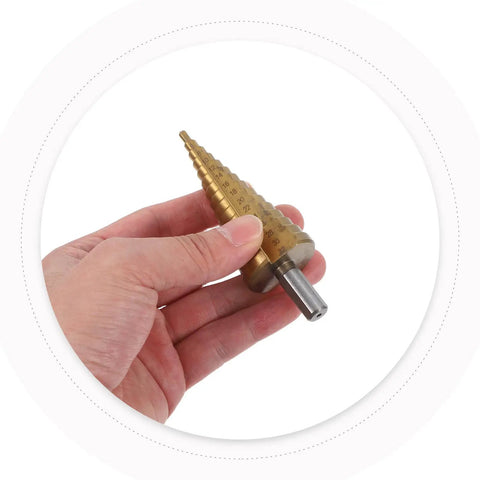 Premium Hss Step Drill Bit Kit 6 Piece Set With Spiral Grooves For Smooth Edges Countersink Design Plus Storage Box Perfect For Diy Pros And Home Projects On Metal Sheet And Wood gold step drill bit in hand, HSS steel, 4-32mm
