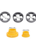 ZJchao PVC Pipe Threader Kit With 3 Dies For 1/2 3/4 And 1 Inch Plastic Pipes showing three round dies and two yellow adapters.