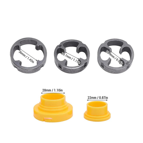 ZJchao PVC Pipe Threader Kit With 3 Dies For 1/2 3/4 And 1 Inch Plastic Pipes showing three round dies and two yellow adapters.