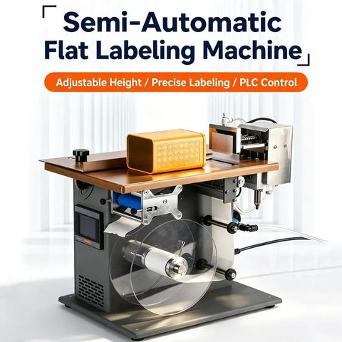 Avsmgp High Speed Flat Label Applicator With Precision Plc Control System, semi-automatic machine with adjustable height and touchscreen.