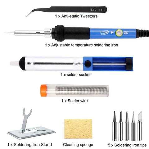 60W 110V Adjustable Temperature Soldering Iron Kit With 5 Tips, Stand, Tweezers, Sponge, Flux Pen, Solder Wire All In One Electronics Repair Kit For DIYers components layout