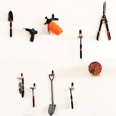 Heavy Duty Garage Storage Hooks Set For Wall Mount Organization 12 Piece Hook Rack holding tools and a basketball