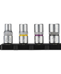 VESSEL chrome socket set on black rail, four sockets sizes 5.5, 7, 8, 10 with yellow and purple bands.