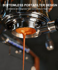 Kickstart Your Brew Routine With Top Shelf 58mm Bottomless Portafilter Featuring Beefy Aluminum Handle And Cranked 18g Double Shot Basket For Breville Espresso BES900XL BES920XL BES980XL BES990BSS For Smooth Shot Vibes Daily. Close-up of espresso extraction using bottomless portafilter design.