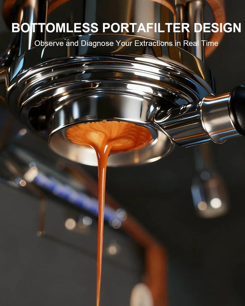 Kickstart Your Brew Routine With Top Shelf 58mm Bottomless Portafilter Featuring Beefy Aluminum Handle And Cranked 18g Double Shot Basket For Breville Espresso BES900XL BES920XL BES980XL BES990BSS For Smooth Shot Vibes Daily. Close-up of espresso extraction using bottomless portafilter design.