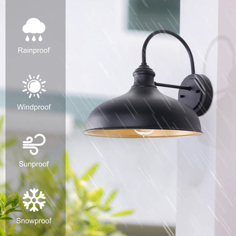 12 Inch Goose Neck Outdoor Barn Light with Black Exterior and Brass Interior in Rain