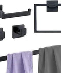 5 Piece Matte Black Bathroom Accessories Set With Modern Durable Finish, featuring towel ring, hooks, and bar in stylish display