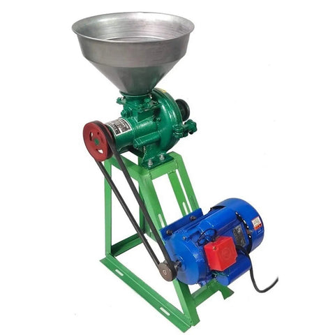 Powerful 1500W Wet And Dry Grain Grinder For Home And Small Biz with metallic funnel and blue motor base.