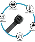 Assorted Zip Ties Set 4 Inch 18 Lb, 6 Inch 25 Lb, 8 Inch 40 Lb, 12 Inch 45 Lb Black UV Resistant Cable Ties 400 Pack showing durability and resistance features.
