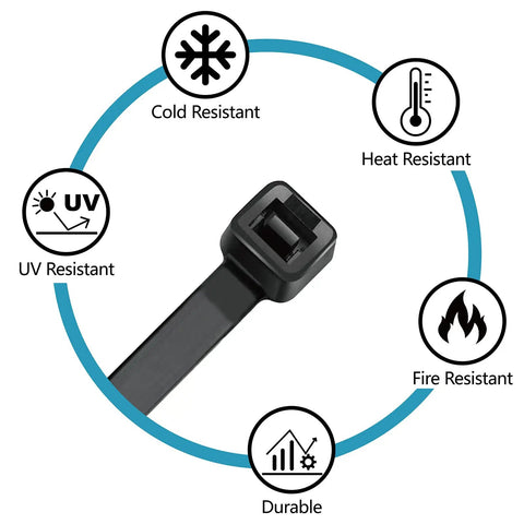 Assorted Zip Ties Set 4 Inch 18 Lb, 6 Inch 25 Lb, 8 Inch 40 Lb, 12 Inch 45 Lb Black UV Resistant Cable Ties 400 Pack showing durability and resistance features.