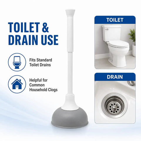 Slick Modern Toilet Plunger With 19 Inch Handle And Gray Rubber Cup Kicks Clogs Fast And Features A Snazzy Three Piece Design for toilets and drains.