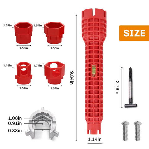 14 In 1 Tap Spanner Tool for Faucet Installation And Plumbing Repair shown with dimensions and components
