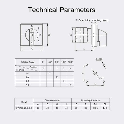 Technical parameters for Heavy Duty Changeover Switch SYW28 20 With Five Positions And Eight Terminals Universal Rotary Cam Selector
