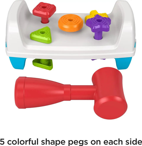 Toddler Tap And Turn Tool Bench Play Set For Tiny Tot Builders with colorful pegs and red hammer, Fisher-Price.